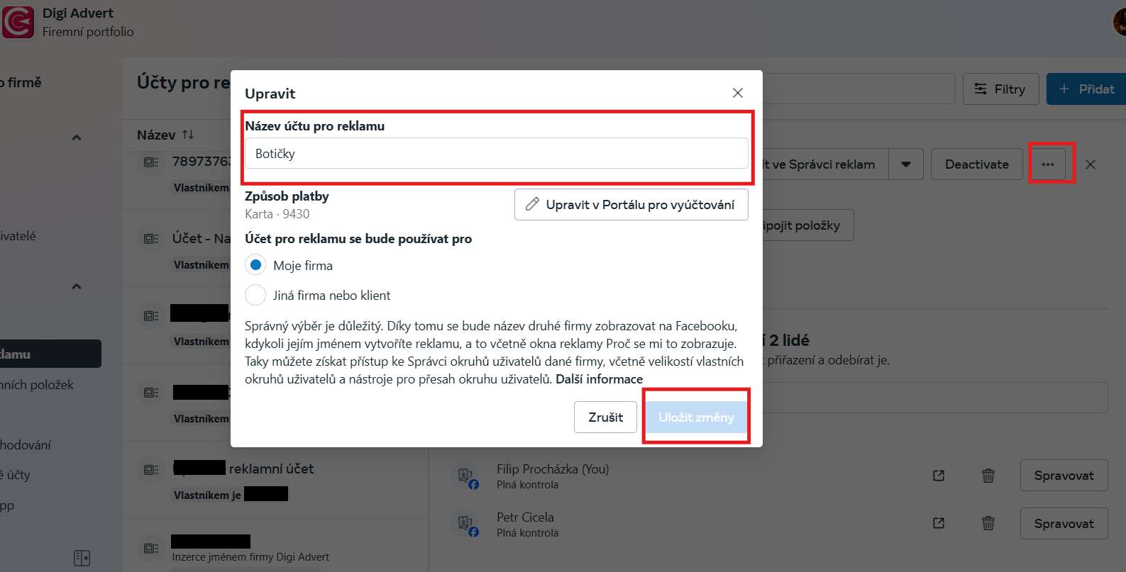 Změna názvu reklamního účtu v Business Manageru