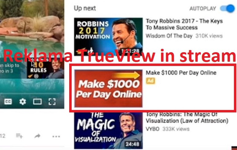Youtube reklama Trueview in stream